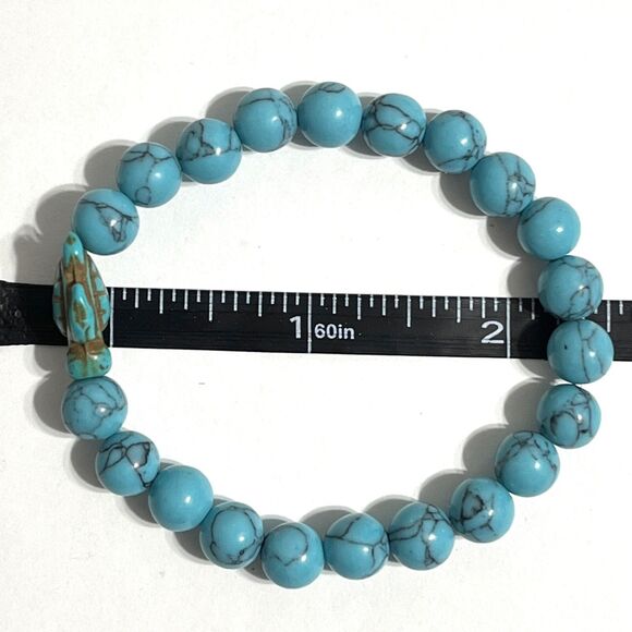 Sea Turtle Howlite Stone Beaded Stretch Bracelet Blue Simulated Turquoise Ocean - Picture 7 of 10